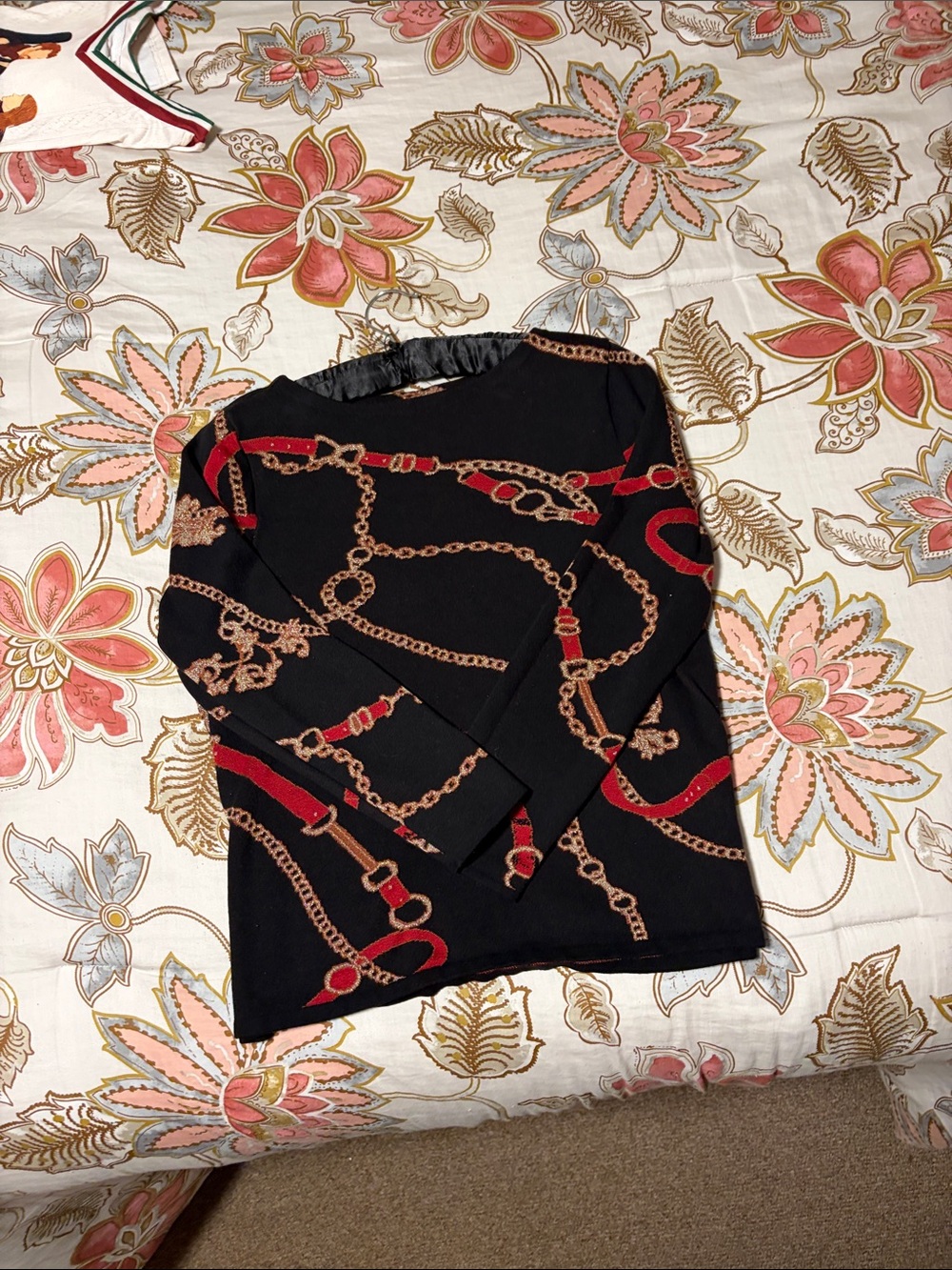 Chico's Black Long Sleeve Sweater with Gold Chain and Red Accents